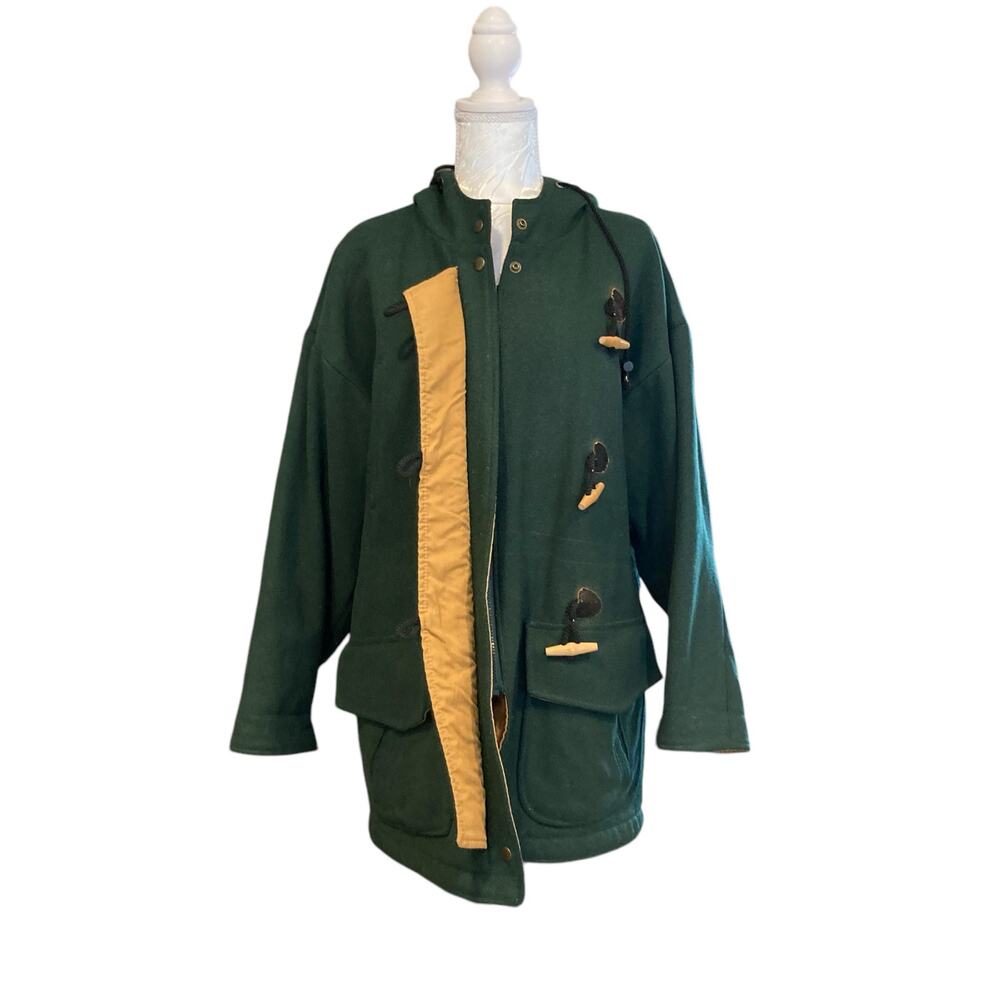 Vintage Forest Green Wool Toggle Duffle Coat Women’s Large Hooded Academia - Picture 15 of 16